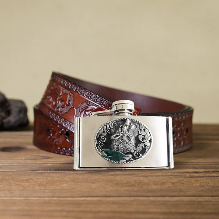 Men's DIY 3oz. Howling Wolf Leather Belt with Hidden Flask - Howling Wolf - Brown Carved Belt - 42 - image 7