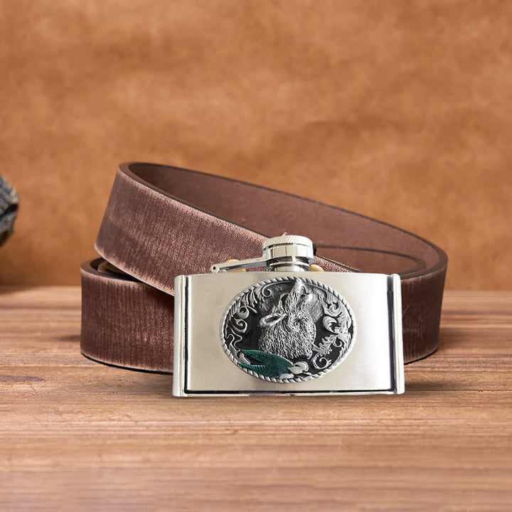 Men's DIY 3oz. Howling Wolf Leather Belt with Hidden Flask - Howling Wolf - Brown Distressed Belt - 42 - image 6