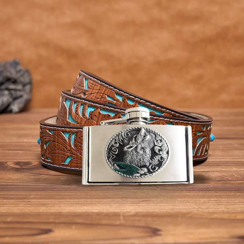 Men's DIY 3oz. Howling Wolf Leather Belt with Hidden Flask - Howling Wolf - Turquoise Carved Belt - 42 - image 4