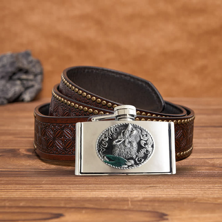 Men's DIY 3oz. Howling Wolf Leather Belt with Hidden Flask - Howling Wolf - Brown Rivet Belt - 42 - image 5