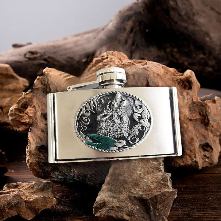 Men's DIY 3oz. Howling Wolf Leather Belt with Hidden Flask - Howling Wolf - Without Belt - Not Included Belt - image 0