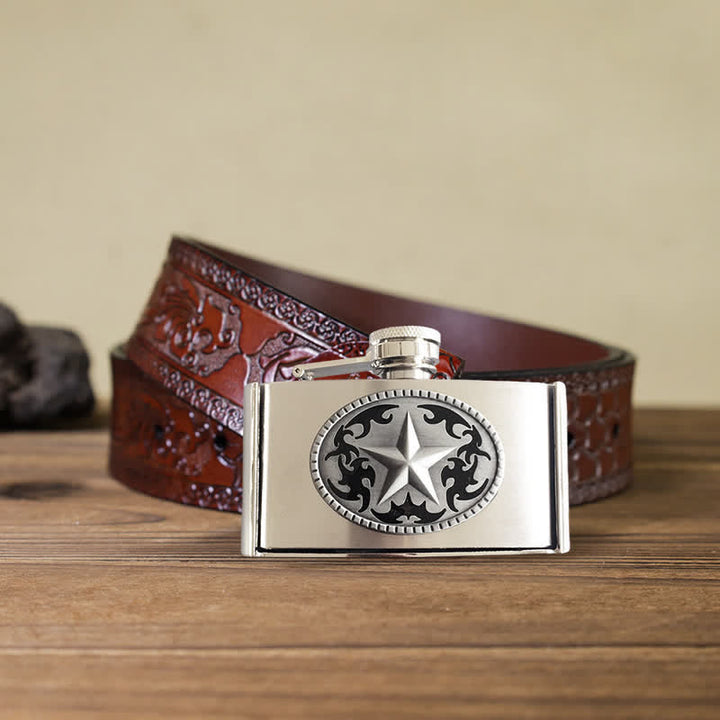 Men's DIY 3oz. Western Star Leather Belt with Hidden Flask - Western Star - Brown Carved Belt - 42 - image 7