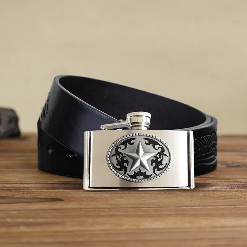 Men's DIY 3oz. Western Star Leather Belt with Hidden Flask - Western Star - Black Embossed Eagle Belt - 42 - image 3