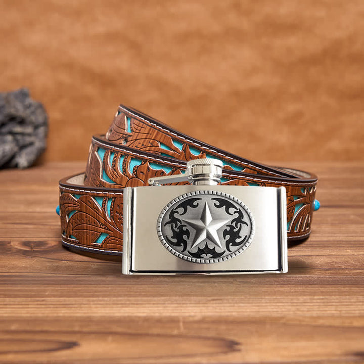 Men's DIY 3oz. Western Star Leather Belt with Hidden Flask - Western Star - Turquoise Carved Belt - 42 - image 4
