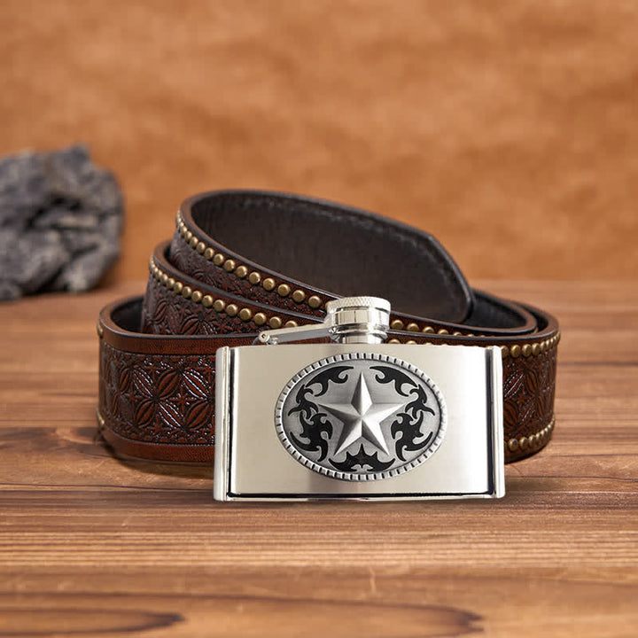 Men's DIY 3oz. Western Star Leather Belt with Hidden Flask - Western Star - Brown Rivet Belt - 42 - image 5