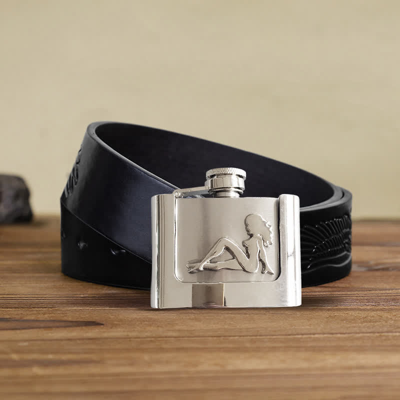 Men's DIY 2oz. Lady's Profile Leather Belt with Hidden Flask - Lady - Black Embossed Eagle Belt - 42 - image 4