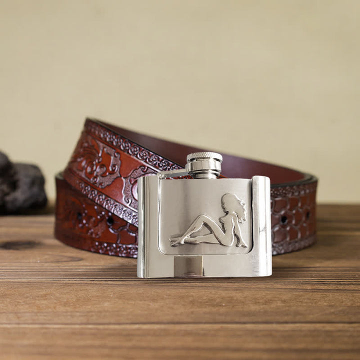 Men's DIY 2oz. Lady's Profile Leather Belt with Hidden Flask - Lady - Brown Carved Belt - 42 - image 8