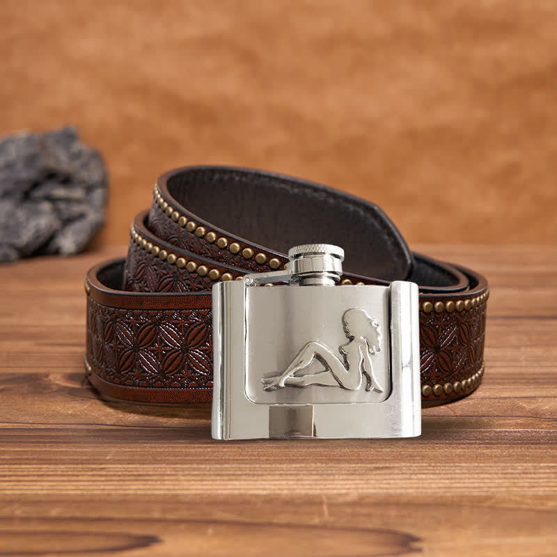 Men's DIY 2oz. Lady's Profile Leather Belt with Hidden Flask - Lady - Brown Rivet Belt - 42 - image 6