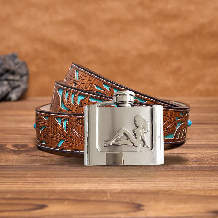 Men's DIY 2oz. Lady's Profile Leather Belt with Hidden Flask - Lady - Turquoise Carved Belt - 42 - image 5