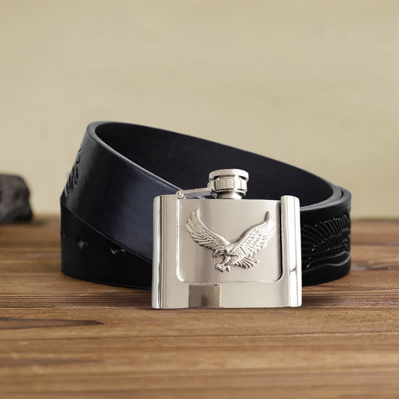 Men's DIY 2oz. Flying Eagle Leather Belt with Hidden Flask - Flying Eagle - Black Embossed Eagle Belt - 42 - image 4