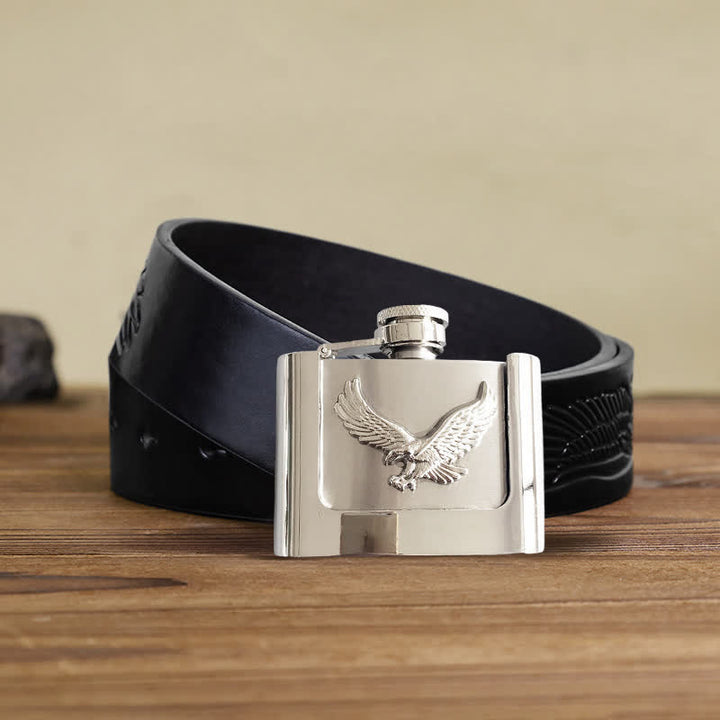Men's DIY 2oz. Flying Eagle Leather Belt with Hidden Flask - Flying Eagle - Black Embossed Eagle Belt - 42 - image 4
