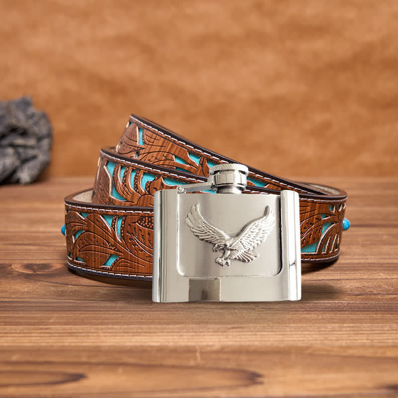 Men's DIY 2oz. Flying Eagle Leather Belt with Hidden Flask - Flying Eagle - Turquoise Carved Belt - 42 - image 5
