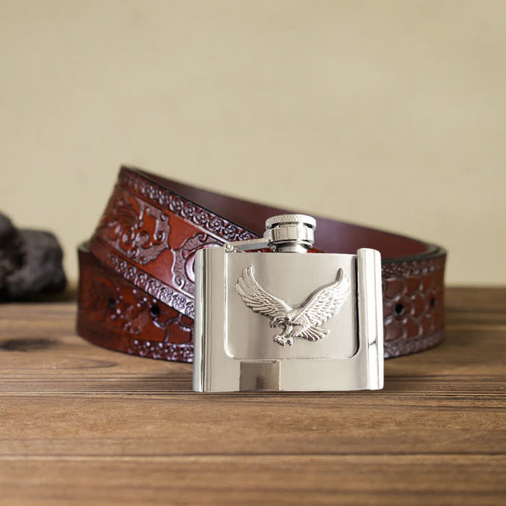 Men's DIY 2oz. Flying Eagle Leather Belt with Hidden Flask - Flying Eagle - Brown Carved Belt - 42 - image 8