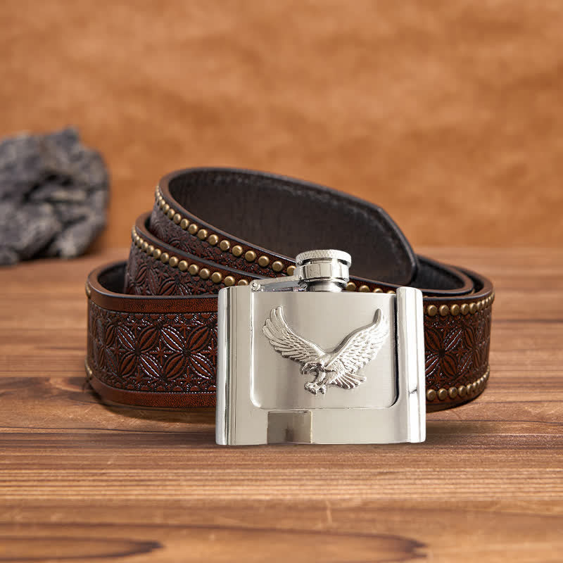 Men's DIY 2oz. Flying Eagle Leather Belt with Hidden Flask - Flying Eagle - Brown Rivet Belt - 42 - image 6
