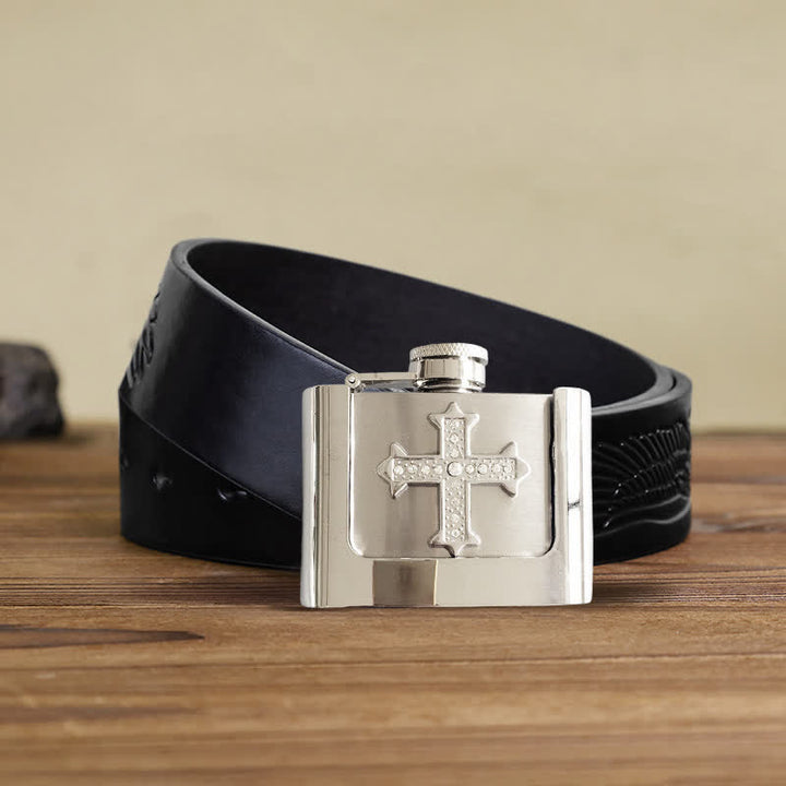 Men's DIY 2oz. Cross Rhinestone Leather Belt with Hidden Flask - Cross - Black Embossed Eagle Belt - 42 - image 4