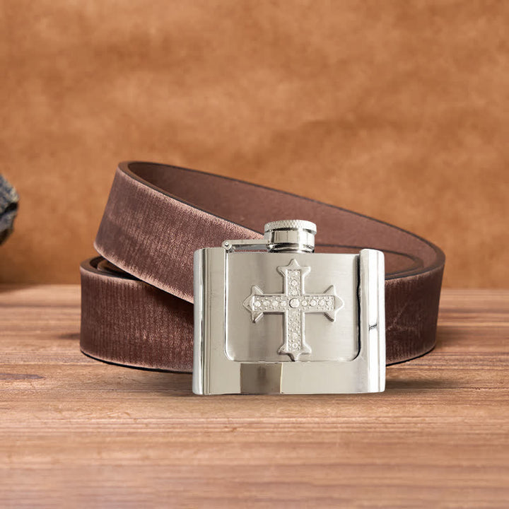 Men's DIY 2oz. Cross Rhinestone Leather Belt with Hidden Flask - Cross - Brown Distressed Belt - 42 - image 7