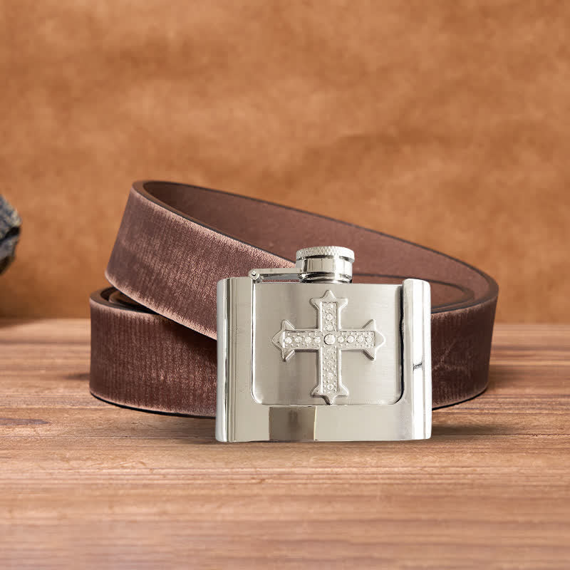 Men's DIY 2oz. Cross Rhinestone Leather Belt with Hidden Flask - Cross - Brown Distressed Belt - 42 - image 7