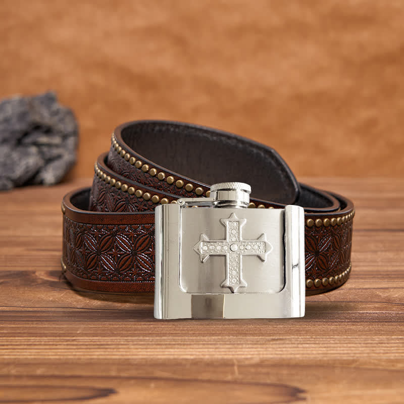 Men's DIY 2oz. Cross Rhinestone Leather Belt with Hidden Flask - Cross - Brown Rivet Belt - 42 - image 6