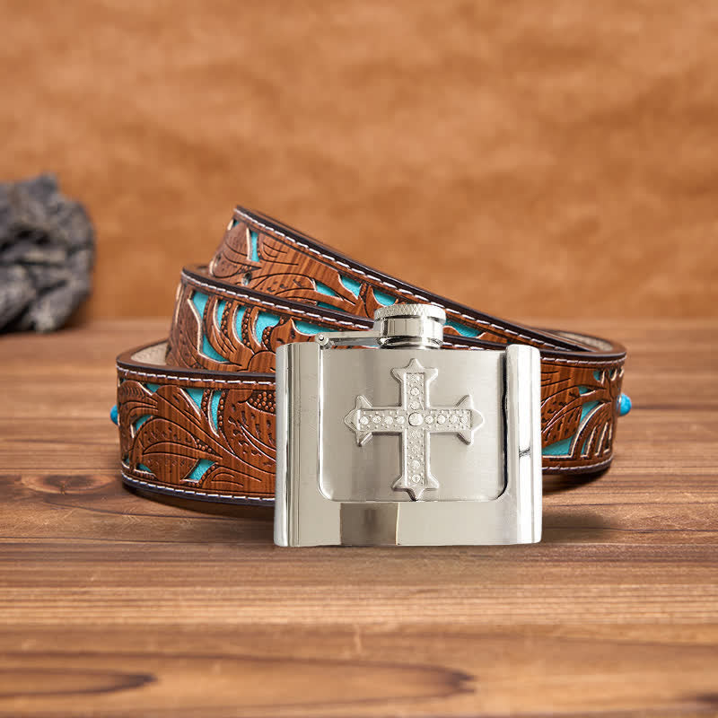 Men's DIY 2oz. Cross Rhinestone Leather Belt with Hidden Flask - Cross - Turquoise Carved Belt - 42 - image 5