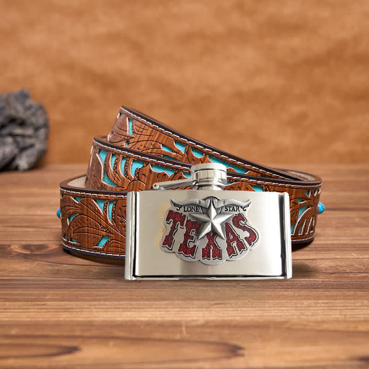 Men's DIY 3oz. Texas Star Leather Belt with Hidden Flask - Texas Star - Turquoise Carved Belt - 42 - image 4