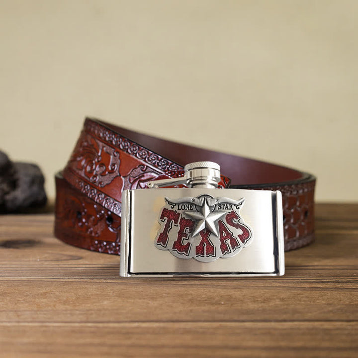 Men's DIY 3oz. Texas Star Leather Belt with Hidden Flask - Texas Star - Brown Carved Belt - 42 - image 7