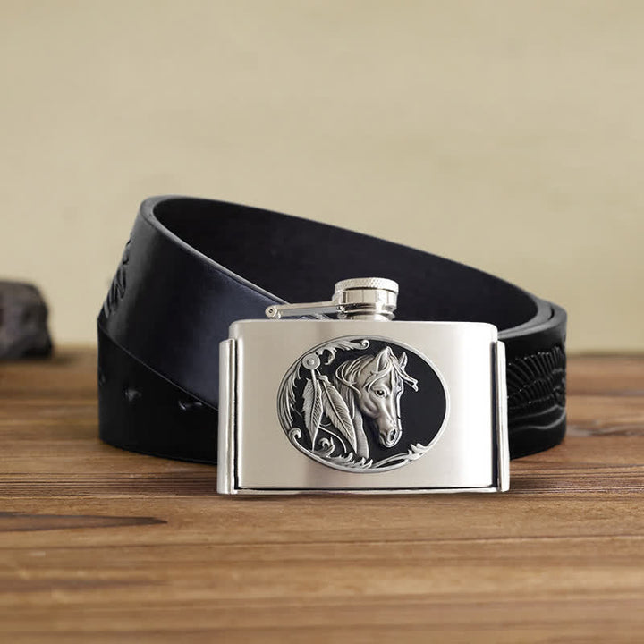 Men's DIY 3oz. Horse Head Leather Belt with Hidden Flask - Horse Head - Black Embossed Eagle Belt - 42 - image 3