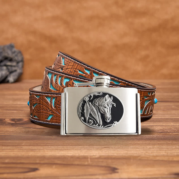 Men's DIY 3oz. Horse Head Leather Belt with Hidden Flask - Horse Head - Turquoise Carved Belt - 42 - image 4