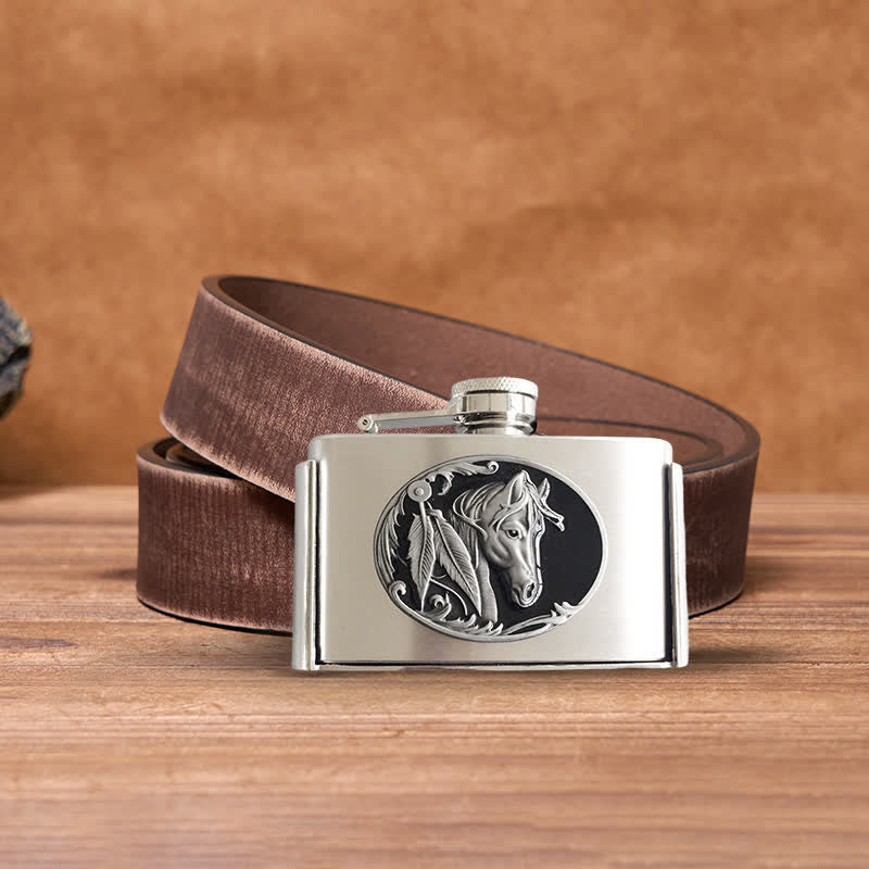 Men's DIY 3oz. Horse Head Leather Belt with Hidden Flask - Horse Head - Brown Distressed Belt - 42 - image 6