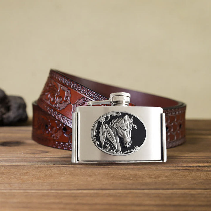 Men's DIY 3oz. Horse Head Leather Belt with Hidden Flask - Horse Head - Brown Carved Belt - 42 - image 7