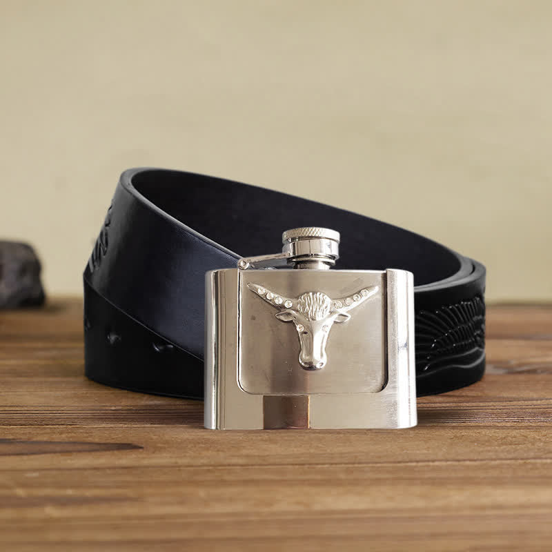 Men's DIY 2oz. Bull Head Leather Belt with Hidden Flask - Bull Head - Black Embossed Eagle Belt - 42 - image 4