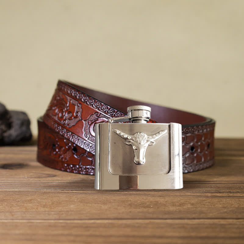Men's DIY 2oz. Bull Head Leather Belt with Hidden Flask - Bull Head - Brown Carved Belt - 42 - image 8
