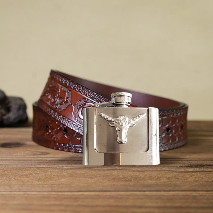 Men's DIY 2oz. Bull Head Leather Belt with Hidden Flask - Bull Head - Brown Carved Belt - 42 - image 8