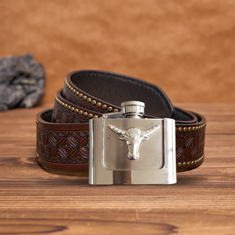 Men's DIY 2oz. Bull Head Leather Belt with Hidden Flask - Bull Head - Brown Rivet Belt - 42 - image 6