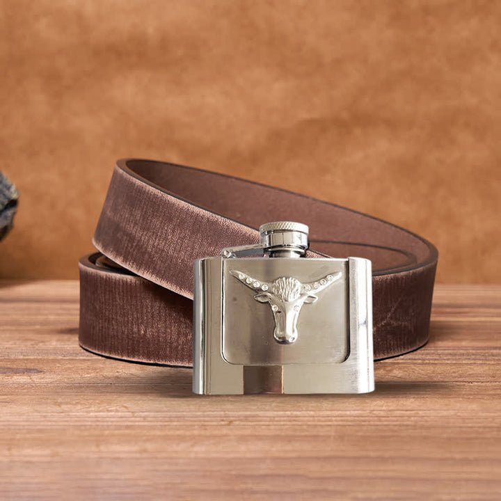 Men's DIY 2oz. Bull Head Leather Belt with Hidden Flask - Bull Head - Brown Distressed Belt - 42 - image 7