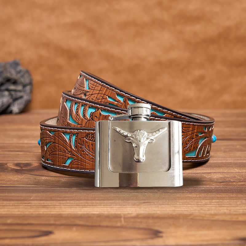 Men's DIY 2oz. Bull Head Leather Belt with Hidden Flask - Bull Head - Turquoise Carved Belt - 42 - image 5