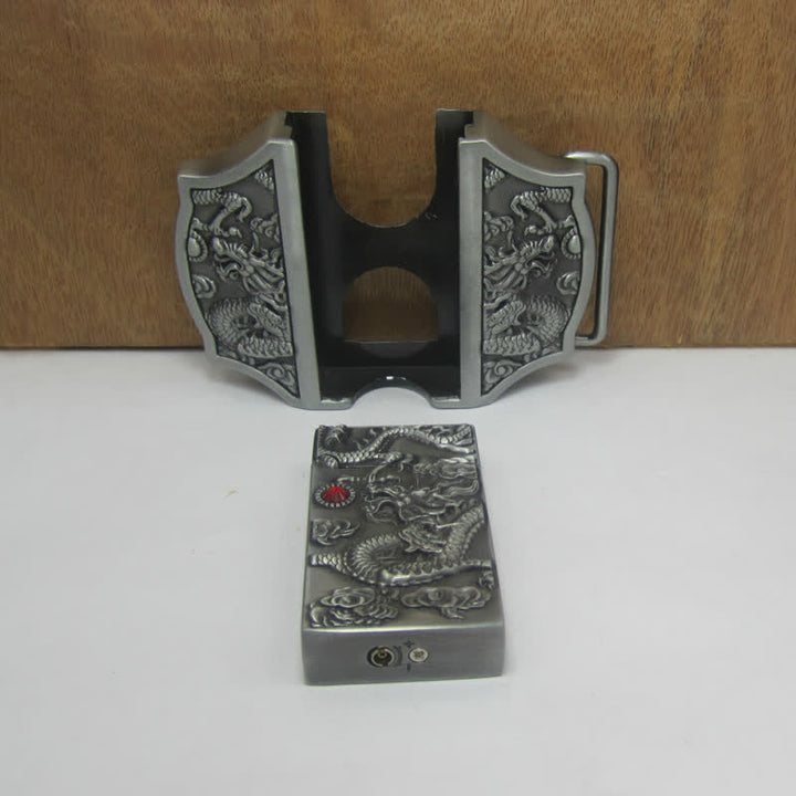 Men's DIY Antique Silver Dragon Leather Belt with Hidden Lighter - image 3