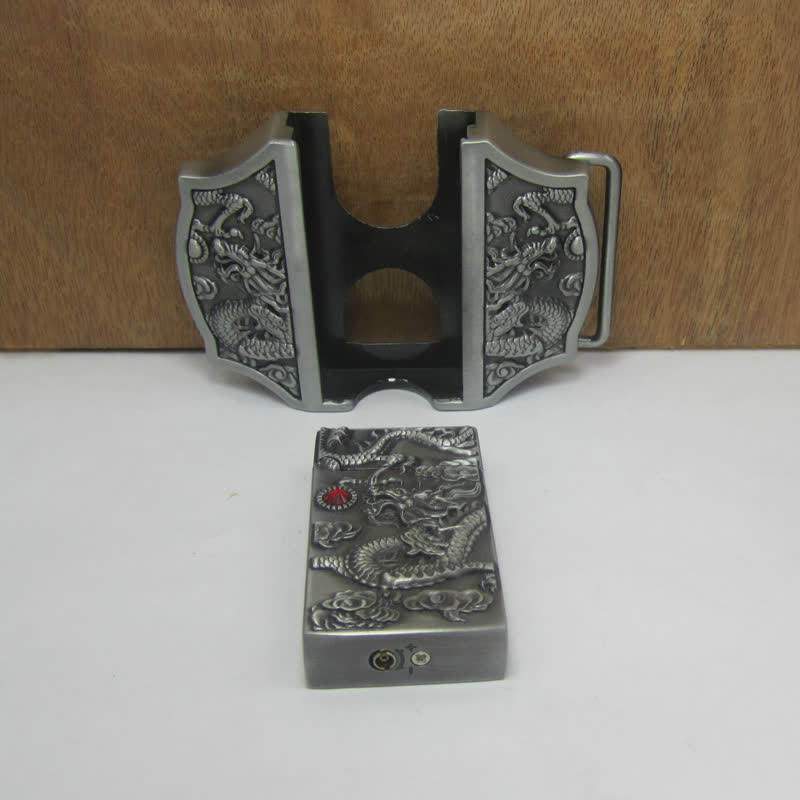 Men's DIY Antique Silver Dragon Leather Belt with Hidden Lighter