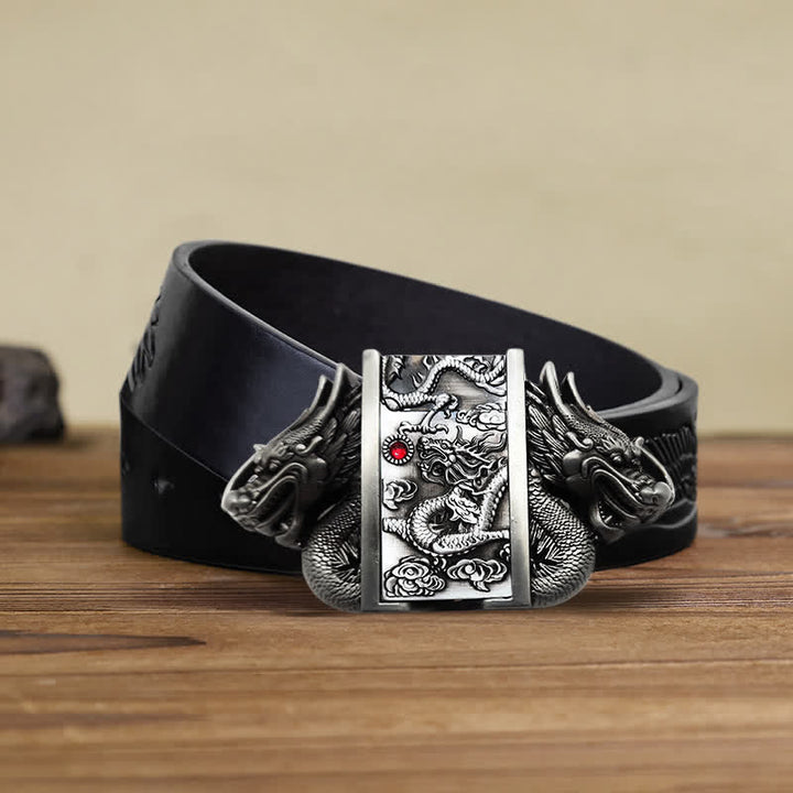 Men's DIY Antique Silver Dual Dragon Leather Belt with Hidden Lighter - Dragon - Black Embossed Eagle Belt - 42 - image 3