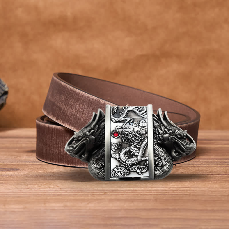 Men's DIY Antique Silver Dual Dragon Leather Belt with Hidden Lighter - Dragon - Brown Distressed Belt - 42 - image 6
