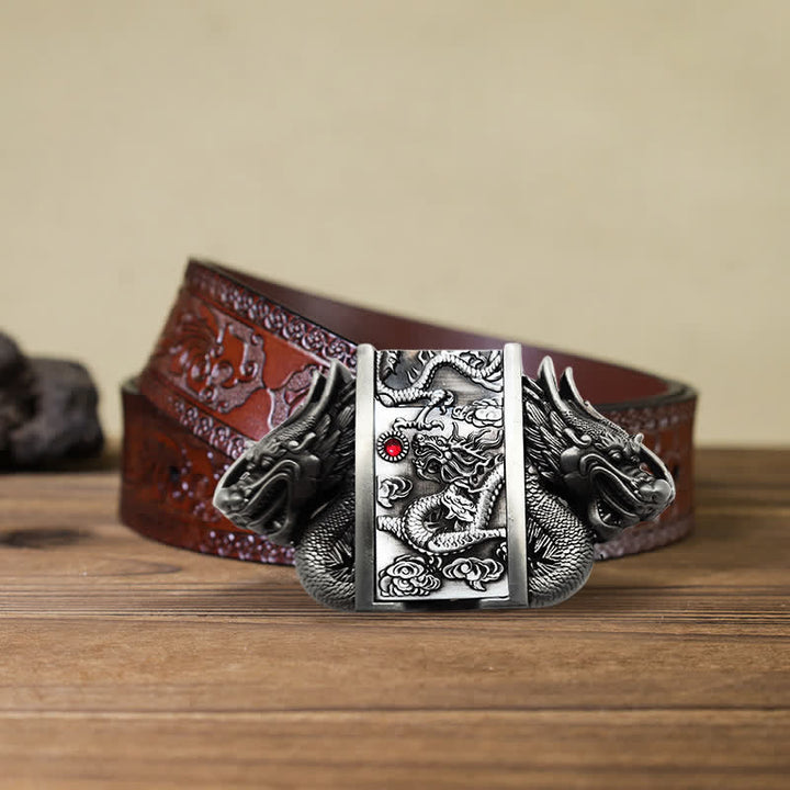 Men's DIY Antique Silver Dual Dragon Leather Belt with Hidden Lighter - Dragon - Brown Carved Belt - 42 - image 7