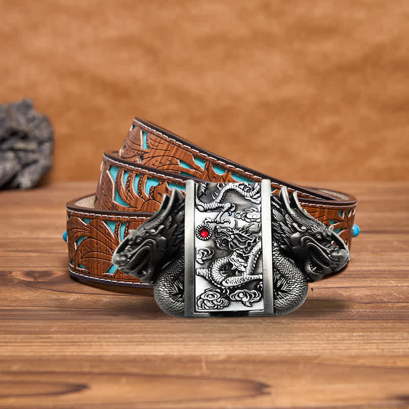Men's DIY Antique Silver Dual Dragon Leather Belt with Hidden Lighter - Dragon - Turquoise Carved Belt - 42 - image 4