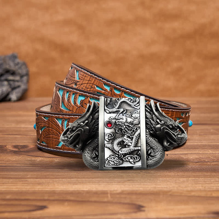 Men's DIY Antique Silver Dual Dragon Leather Belt with Hidden Lighter - Dragon - Turquoise Carved Belt - 42 - image 4
