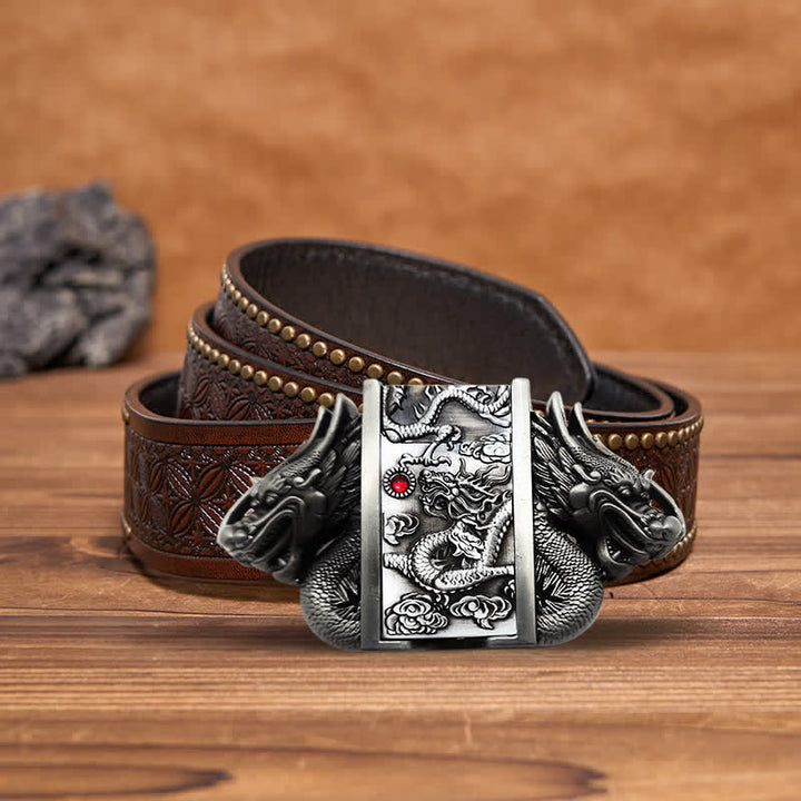 Men's DIY Antique Silver Dual Dragon Leather Belt with Hidden Lighter - Dragon - Brown Rivet Belt - 42 - image 5