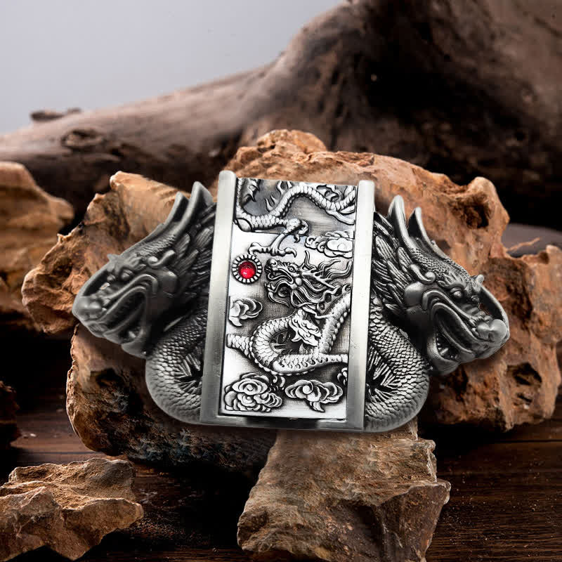 Men's DIY Antique Silver Dual Dragon Leather Belt with Hidden Lighter - Dragon - Without Belt - Not Included Belt - image 0