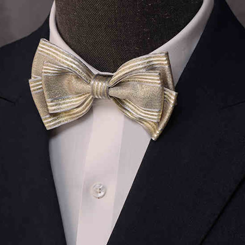 Men's Glossy Triple Layered Classic Striped Bow Tie - Beige - image 0