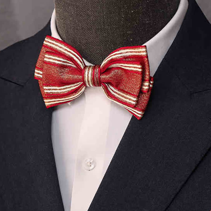 Men's Glossy Triple Layered Classic Striped Bow Tie - Red - image 2