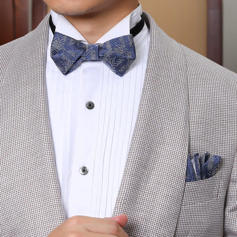 Men's Blue Series Flower Herringbone Pattern Denim Bow Tie - image 4