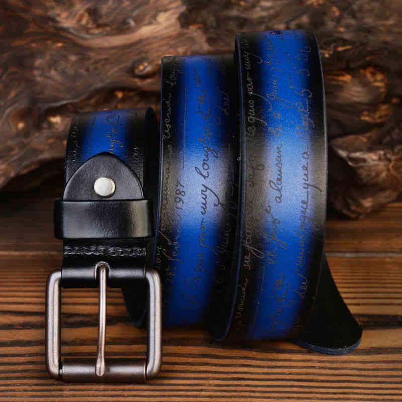 Retro Embossed Letter Pattern Four Colors Available Leather Belt - Blue - 42 - image 6