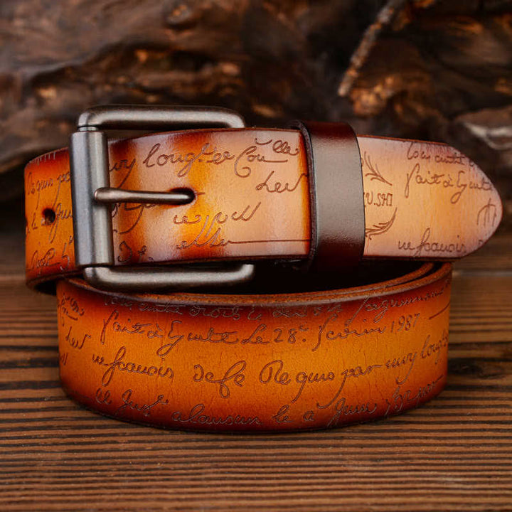 Retro Embossed Letter Pattern Four Colors Available Leather Belt - Orange - 42 - image 0