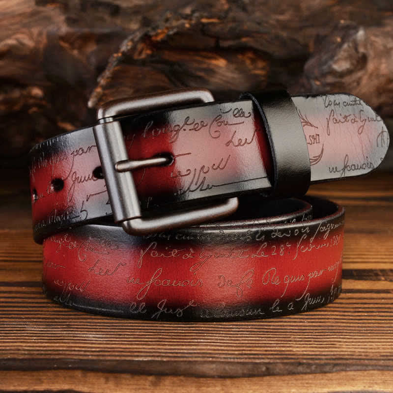 Retro Embossed Letter Pattern Four Colors Available Leather Belt - Red - 42 - image 7